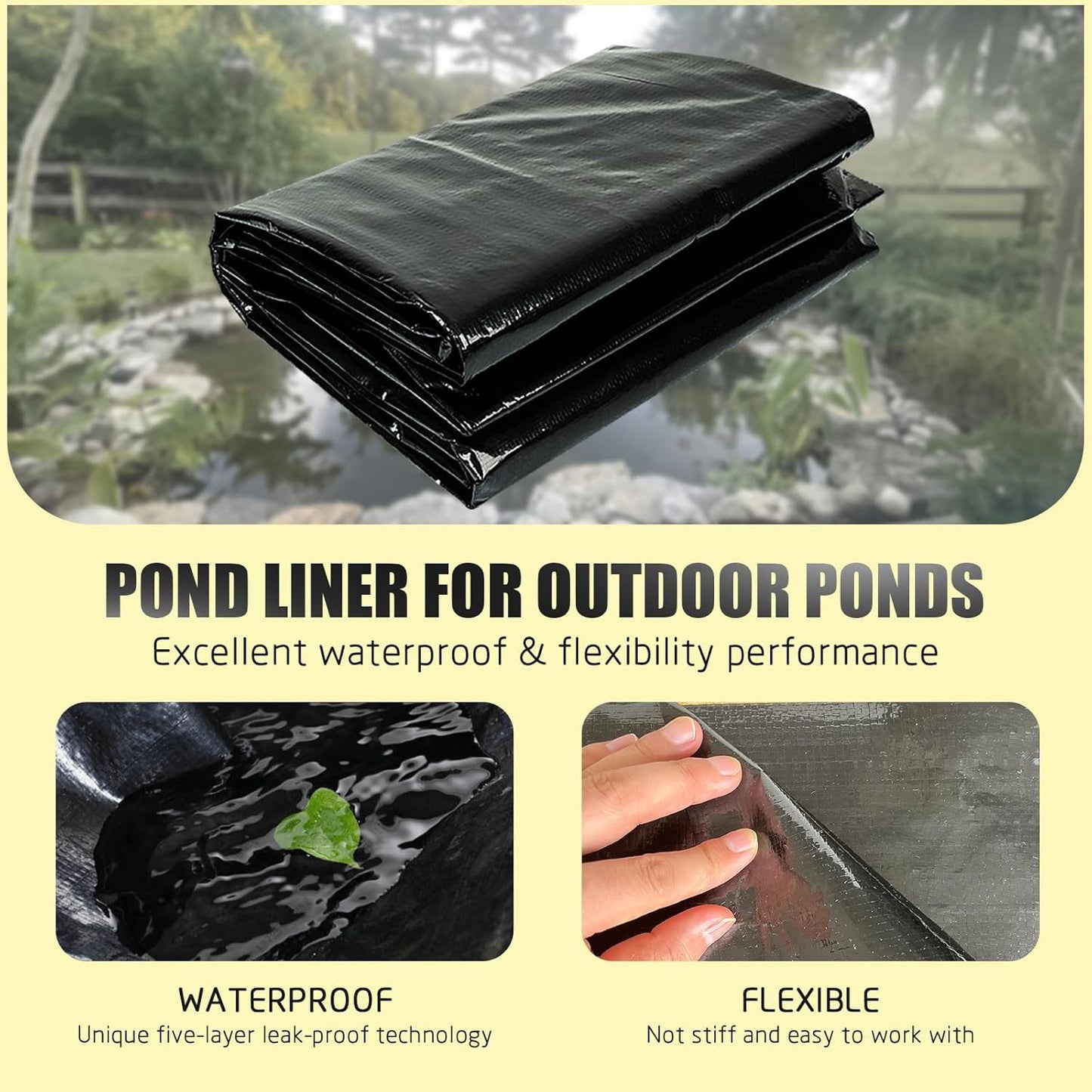 yeezoo 15X20FT Reinforced PE Pond Liner, KOI Pond Liners for Outdoor Ponds, Enhanced 5-Layer Structure Pond Liner for Fish, Duck, Garden Raised Bed and Waterscape Pond(0.82oz/sq ft Thickness)
