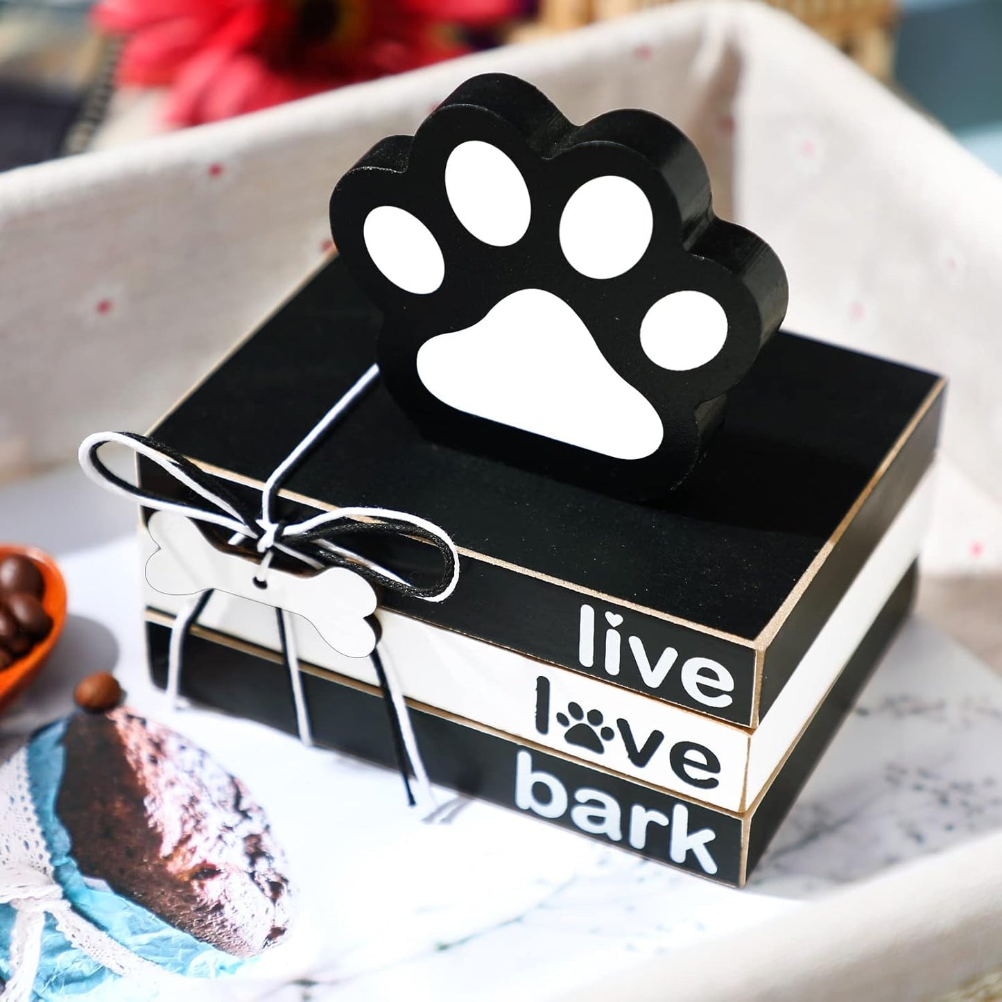 4 Pieces Dog Wooden Decor Dog Tiered Tray Decor Mini Wood Book Stacks Dog Decorative Books Wooden Book Rustic Farmhouse Decor Decorative with Tag for Tiered Tray Decor (Dog Paw)