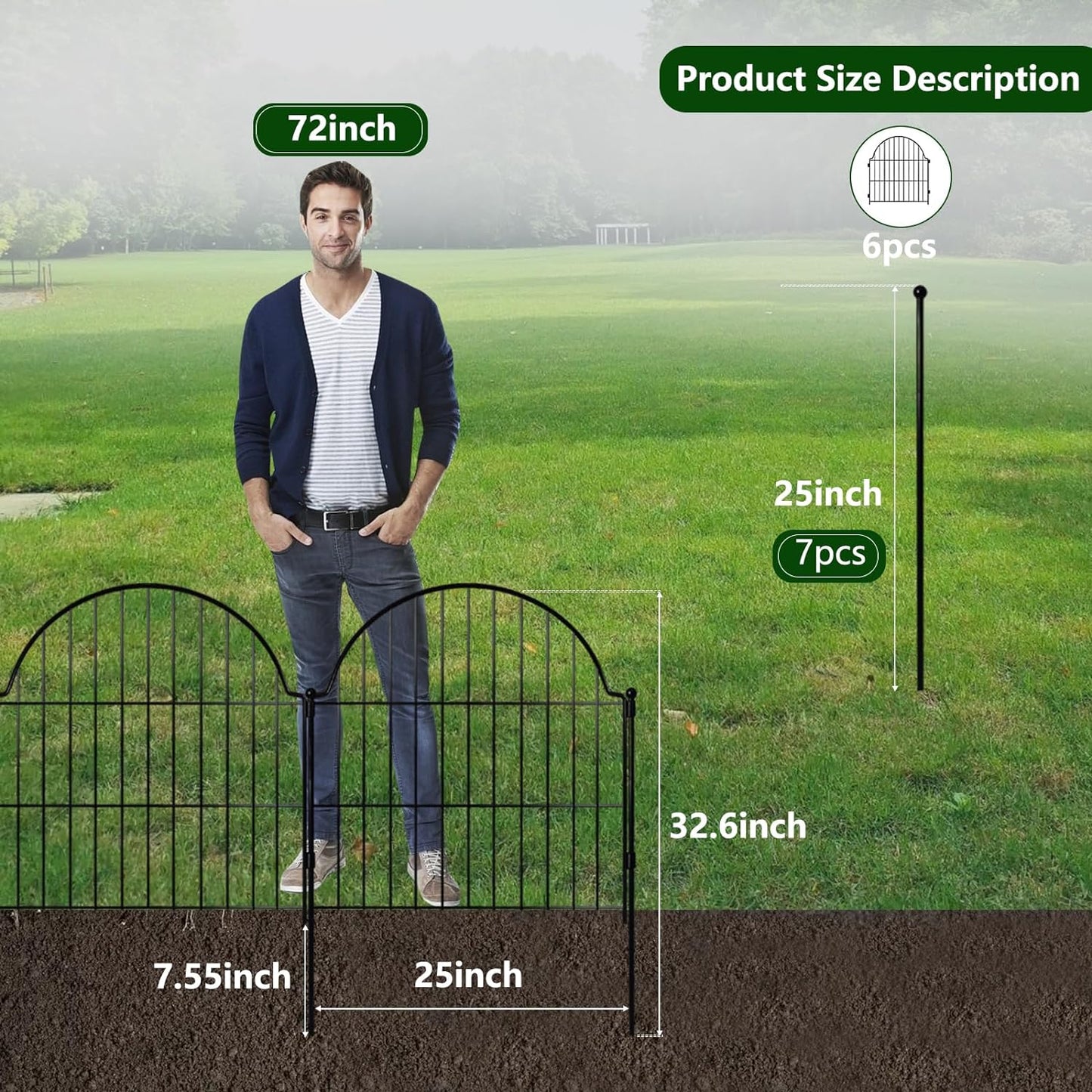 Decorative Metal Garden Fence 6 Panels, 25in (H) x 12.2ft (L) No Dig Outdoor Dog Fence Panels, Easy Install Temporary Fencing for Yard, Rustproof Wire Garden Border