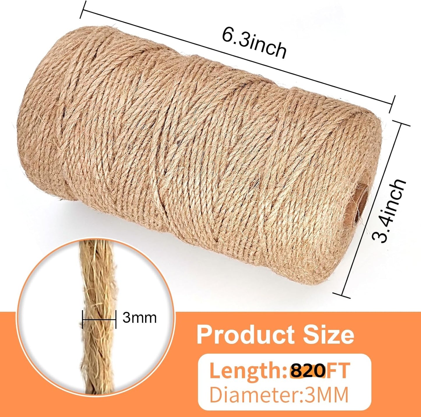 Twine String, 3mm 820FT Jute Rope for Handmade Arts Crafts Gift Wrapping, Burlap String for Gardening Climbing Plant, Hemp Cord for Halloween Christmas Wedding Decoration