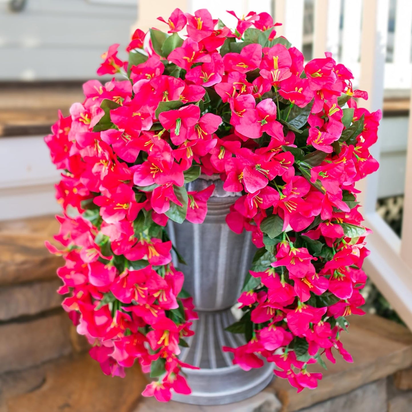 Bougainvillea Artificial Hanging Flowers Plants for Outdoors Decoration, 2pcs Fake Flowers Silk Bougainvillea Vines Realistic UV Resistant Faux Flowers for Planters Porch Patio Urn, Hot Pink