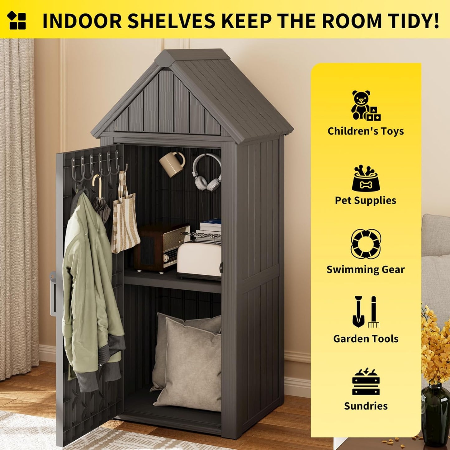 Outdoor Resin Storage Shed, Upgrade Durable Storage Cabinet with Removable Shelves and Lock Ring, Reinforced Floor, All-Weather Construction for Garden Patio Lawn (Gray)