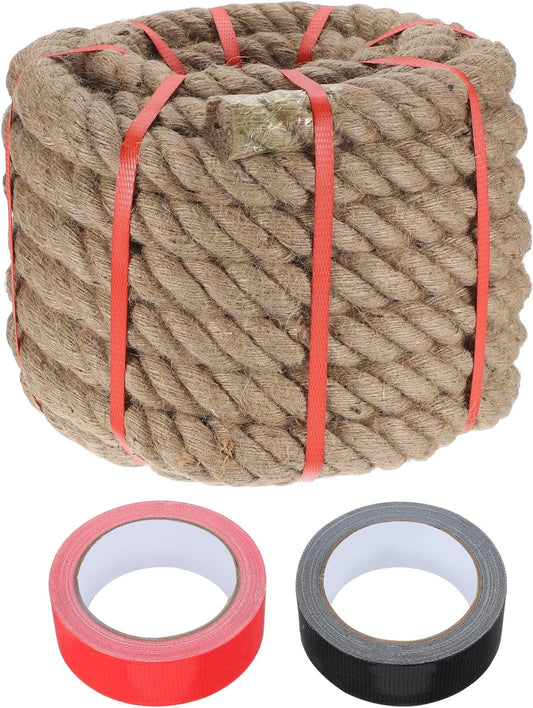 MECCANIXITY Jute Rope 1.4 Inch x 44ft, Thick Twine Rope Ropes Braided Jute Twine Natural Brown Burlap Cord String Heavy Twisted with Tapes for Decorative Crafts Railing Swing Tug of War