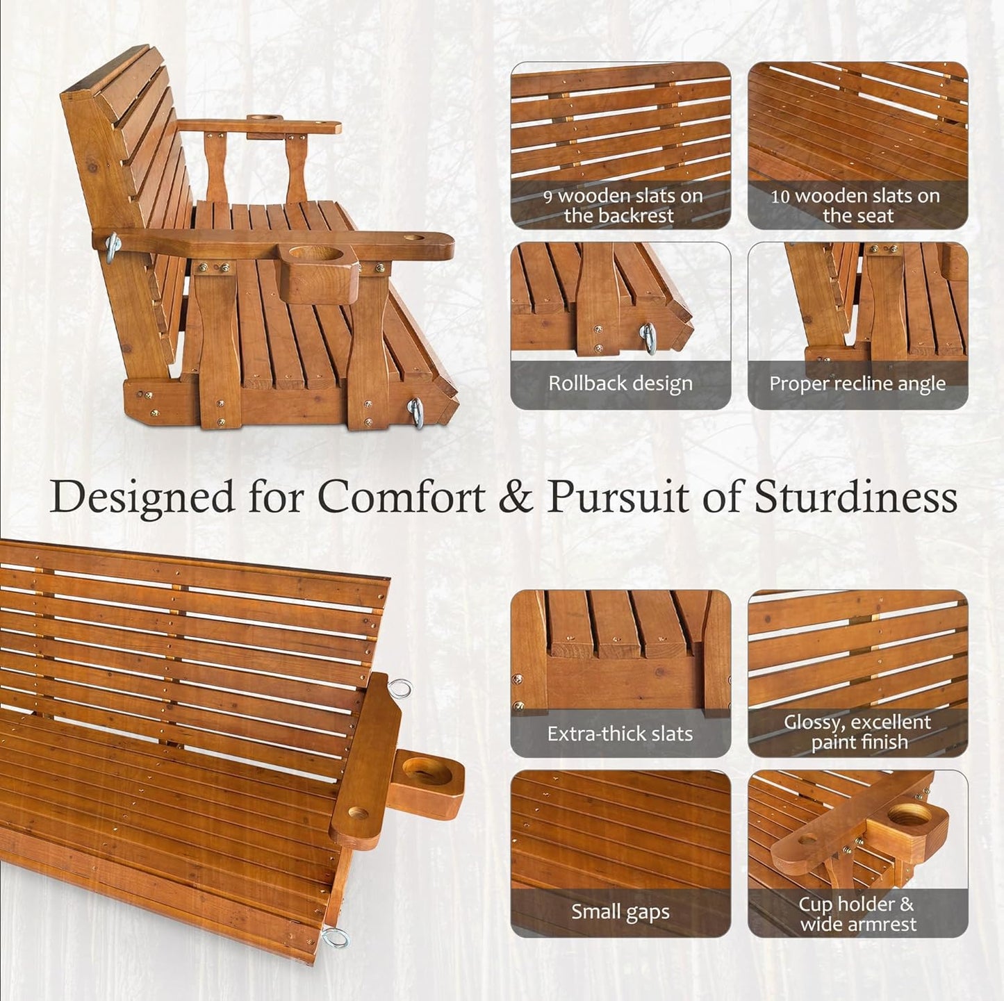 Wooden Porch Swing 2-Seater, Bench Swing with Cupholders, Hanging Chains and 7mm Springs, Heavy Duty 800 LBS, for Outdoor Patio Garden (Warm Teak Color, 5 FT Extra Large)