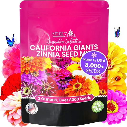 NatureZ Edge Zinnia Seeds for 2025 Planting Outdoors, Over 8250 Flower Seeds, 2 Oz, Non GMO Made in USA, Bulk Semillas De Flores para Sembrar, California Giants, Easy to Grow Zinnia Seed Mix