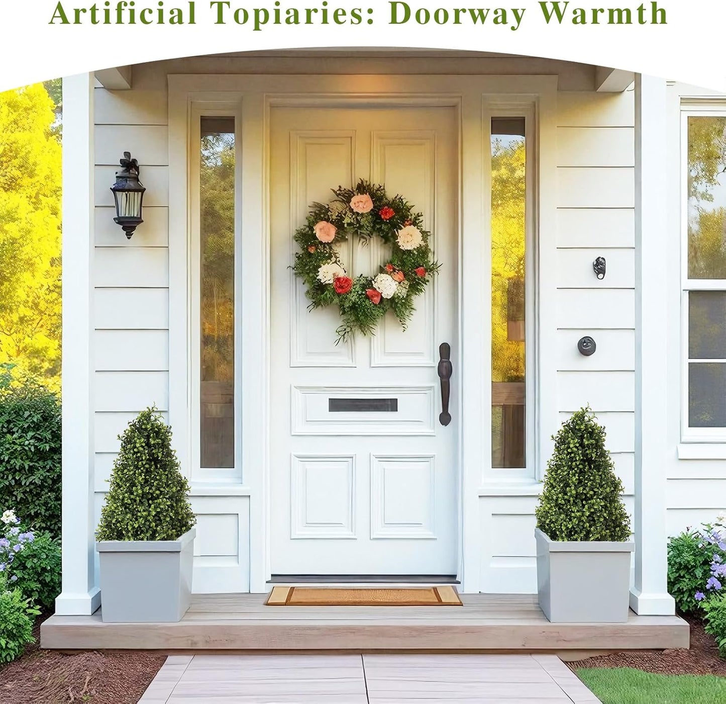 30" Artificial Boxwood Topiary Trees Outdoor Set of 2 - UV Resistant Faux Plants for Front Porch Outside Planter, Realistic Fake Cone-Shaped Bushes & Shrubs 2.5ft