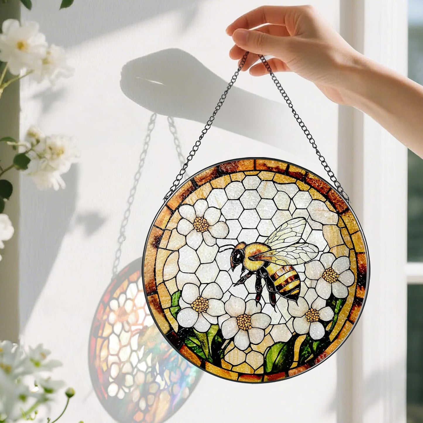Bee Wildflowers Stained Glass Suncatcher, Stained Glass Window Hanging, 8 Inch Honey Bee Suncatcher, Honeybee Gifts for Garden Lovers, Gifts for Mother's Day, Teacher Gift, Grandma Gift