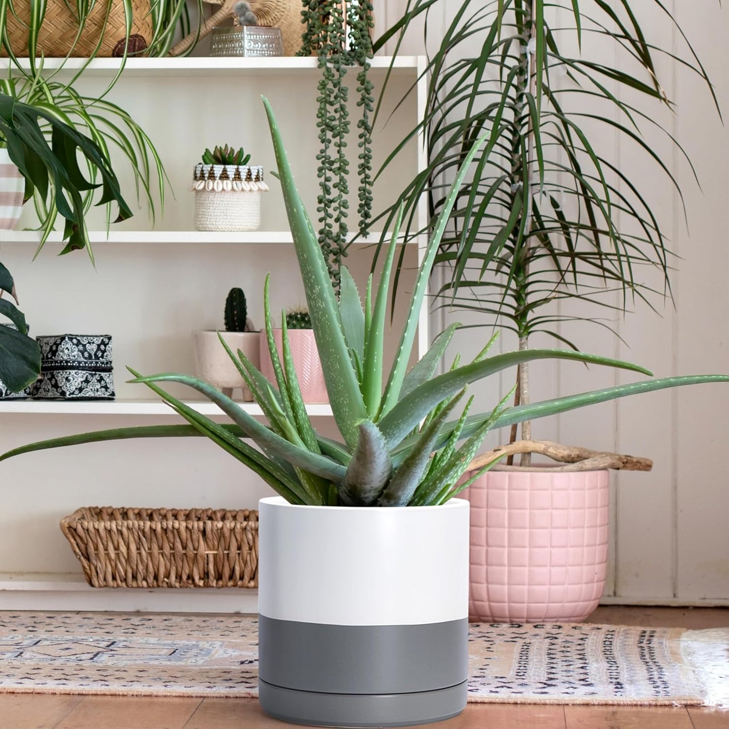 D'vine Dev 10 Inch Ceramic Planter Pot with Drainage Hole and Saucer, Indoor Cylinder Round Planter Pot, White/Speckled Grey, 94-O-E-6