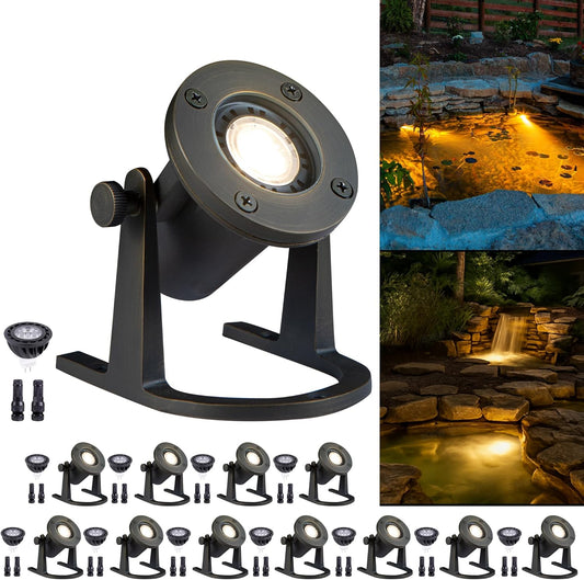 Solid Brass Underwater Pond Light - 12V Low Voltage IP68 Submersible Bronze Fixture, with 2700K MR16 LED for Outdoor Pond Fountain Waterfall Landscape Lighting(12 Pack)