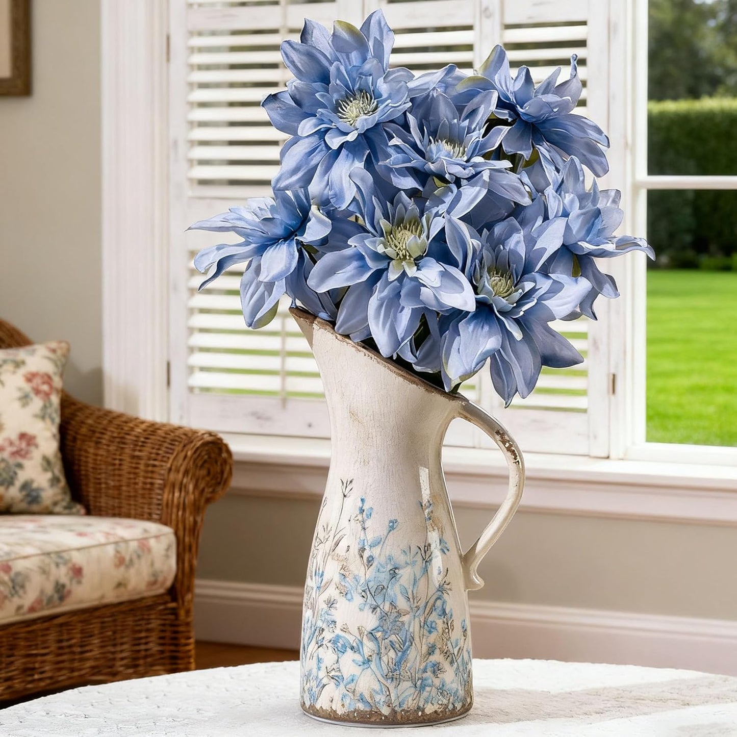 Vintage Ceramic Pitcher Vase with Handle, Farmhouse Blue and Brown Large Floral Vases, French Country Decorative Vase, Rustic Table Centerpiece for Home Decor Living Room, Bookshelf, Office 10.5 Inch