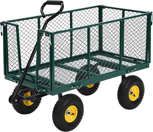 Heavy Duty Steel Garden Cart, 1100 LBS 3 in 1 Pullable Metal Garden Wagon with 10" Wheels, 180° Rotating Handle and Removable Sides for Farm, Yard