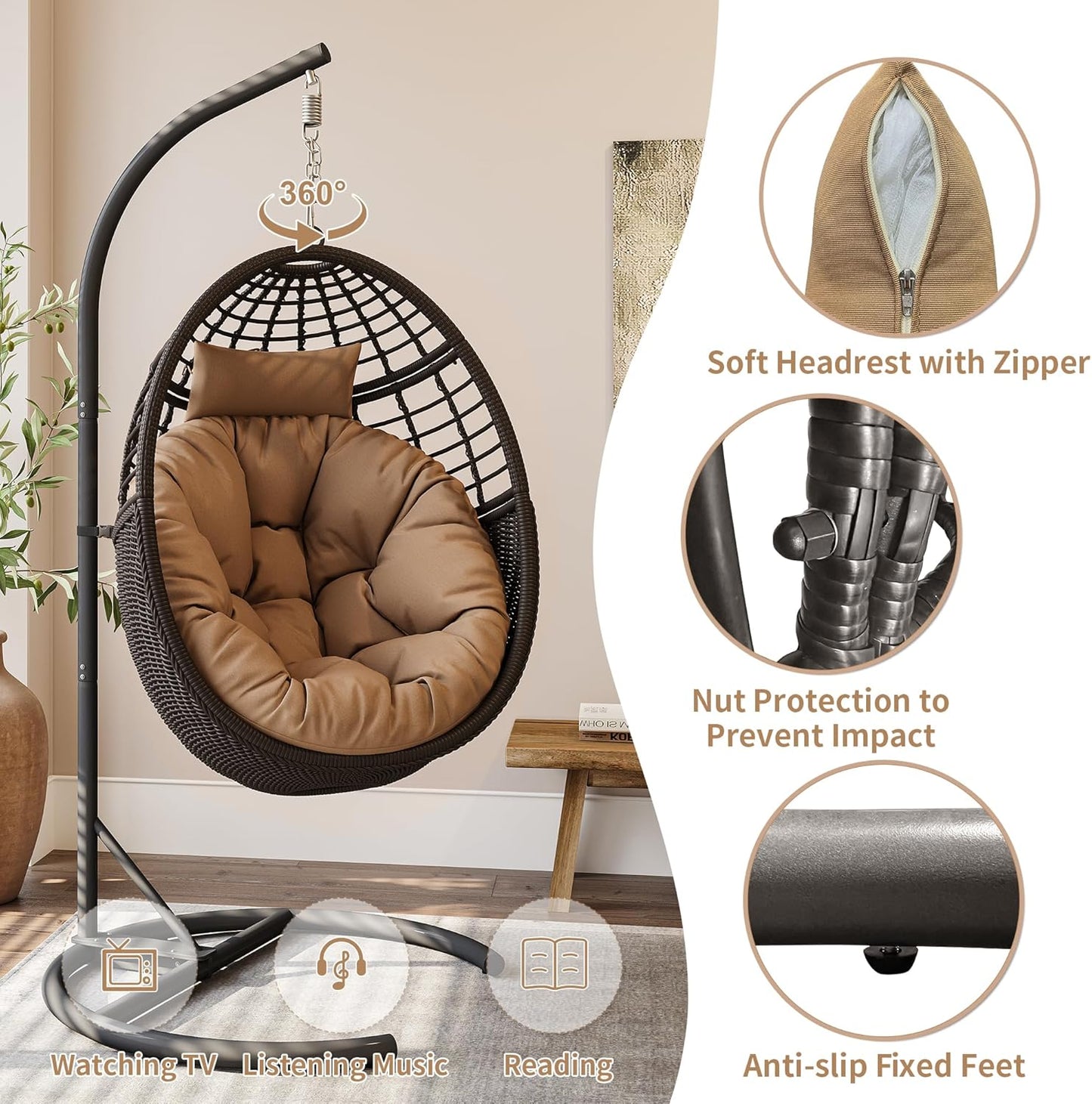 TWT Egg Swing Chair with Stand Rattan Wicker Hanging Egg Chair for Indoor Outdoor Bedroom Backyard Hammock Egg Chair with Metal Frame and UV Resistant Cushion 330lbs Capacity-Dark Brown