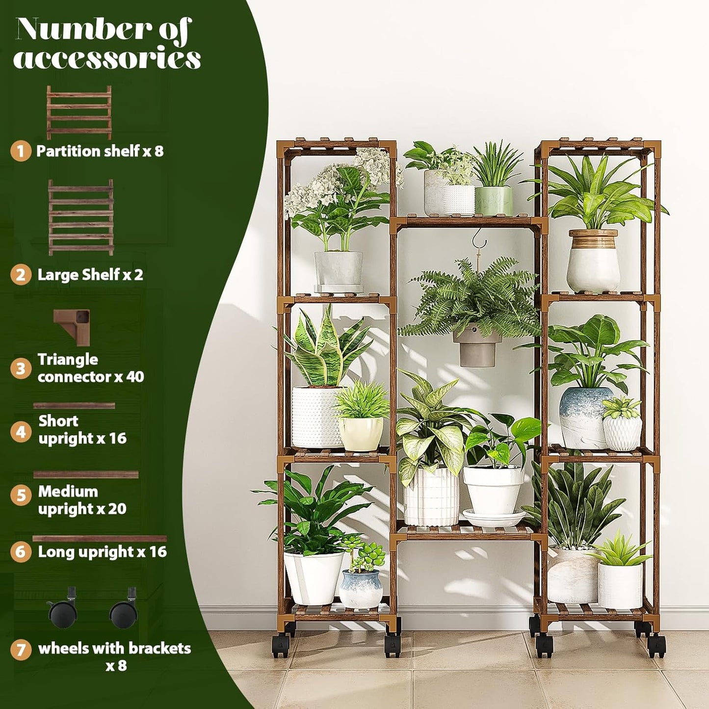 Plant Stand with Wheels Outdoor Indoor Hanging Plant Shelf for Multiple Plants Tall Large Holder for Living Room Patio Balcony Garden Corner Mobile