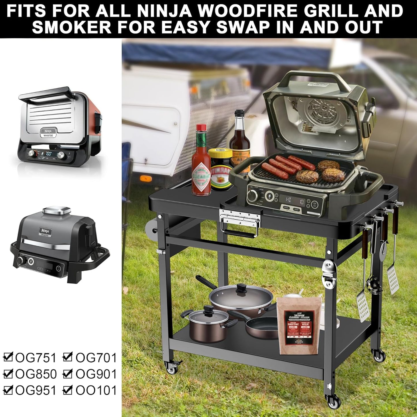 LS'BABQ Grill Stand for Ninja Woodfire Outdoor Grill and Smoker Pizza Oven Accessories,Foldable Grill Cart Table for Ninja XSKUNSTAND OG700 OG800 OG900 OO101 Series with Wheels,Black, GTFN117