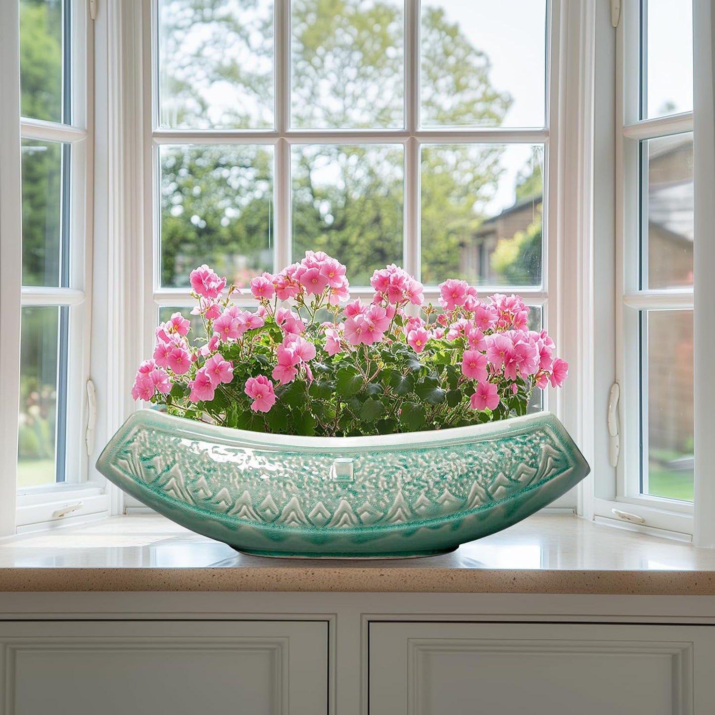 Bonsai Tree Pot - 18 Inch Ceramic Succulent Pots for Indoor Outdoor, Large Bonsai Planter with Drainage Hole, Ceramic Flower Pot, Decorative Planter, Gifts for Plant Lovers, Room Decor, Green