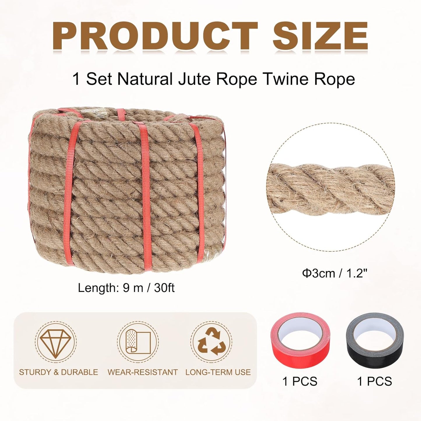 MECCANIXITY Jute Rope 1.2 Inch x 30ft, Thick Twine Rope Ropes Braided Jute Twine Natural Brown Burlap Cord String Heavy Twisted with Tapes for Decorative Crafts Railing Swing Tug of War