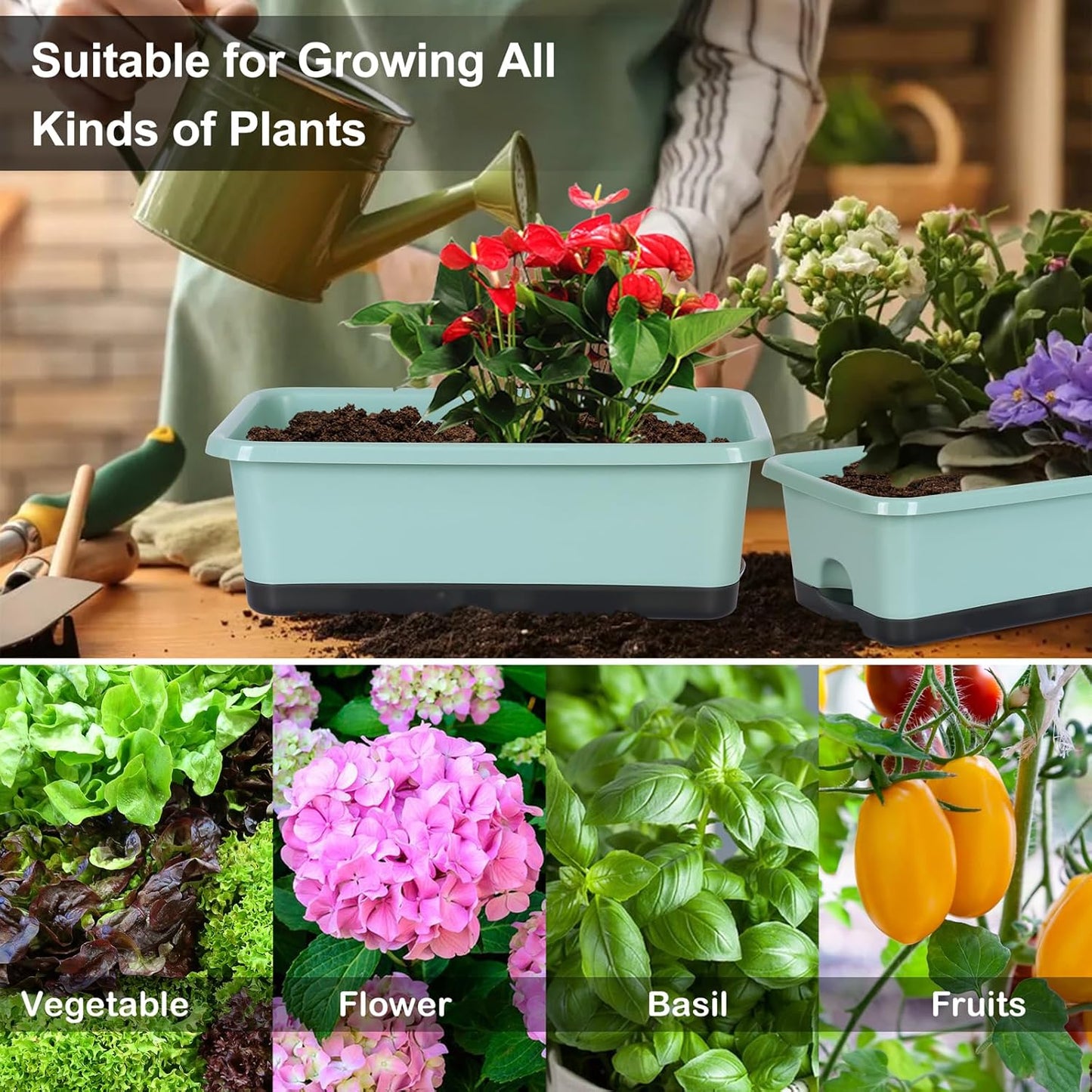 Window Box Planter 6 Pcs, 18 Inches Rectangle Flower Pots with Drainage Holes and Trays, Vegetable Planters for Windowsill Patio Garden Balcony Home Porch Yard Indoor Outdoor (Green, 18*10*6 inch)