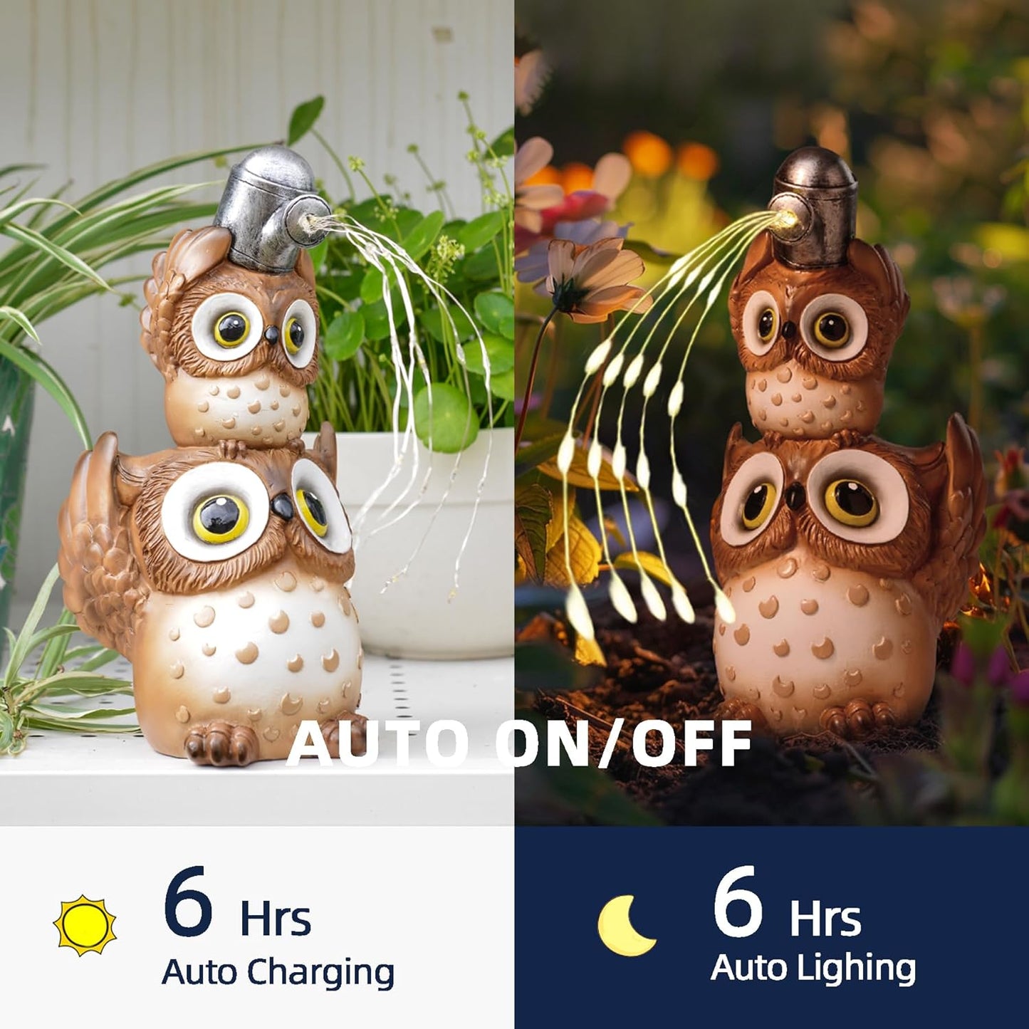 Solar Garden Statues Outdoor Decor, Watering Owl Statue Garden Decor, Resin Yard Decorations Outdoor for Patio, Porch, Balcony, Lawn Ornaments, House Warming Birthday Gifts for Mom Women Grandma