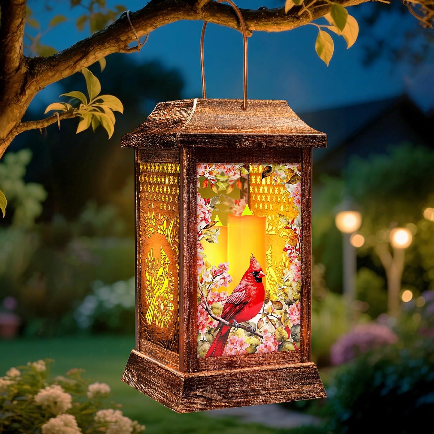 Cardinal Solar Lanterns Outdoor Waterproof, Metal & Glass Hanging Lights Garden Decor, Birthday Gifts for Women Mom Grandma Mothers Day, Decorative Lights for Outside Yard Patio Backyard Porch