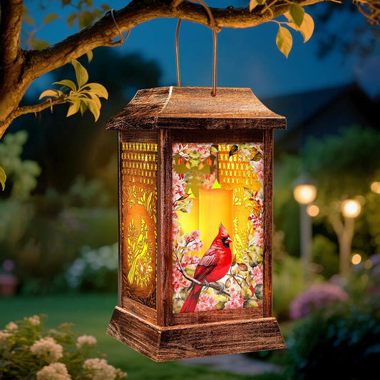 Cardinal Solar Lanterns Outdoor Waterproof, Metal & Glass Hanging Lights Garden Decor, Birthday Gifts for Women Mom Grandma Mothers Day, Decorative Lights for Outside Yard Patio Backyard Porch