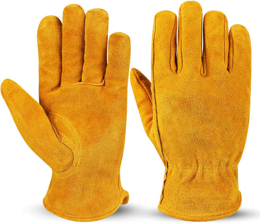OZERO Leather Work Gloves Flex Grip Tough Cowhide Gardening Glove for Men and Women (Gold With Mesh Lining (1 Pair), X-Large)
