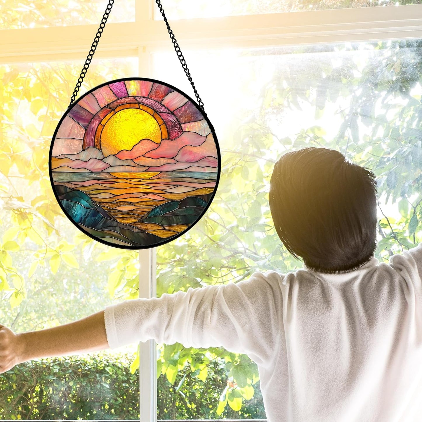 Stained Glass Window Hanging, Sunrise Over The Sea Suncatcher Diamond Glass Panel Hangings Abstract Sun Catchers Decor for Birthday for Women, Men, Wife, Aunt, and Mom 9.8 in