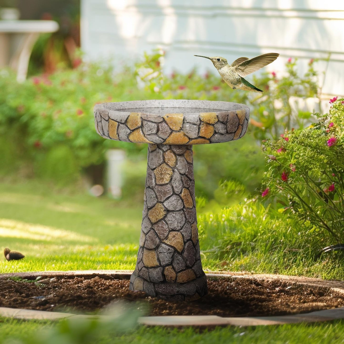 Outdoor Concrete Bird Bath - 24" H * 18.8" Φ Mosaic Stone Design BirdBath Perfect for Adding Interest to Garden, Patio, Backyard, Porch and Deck