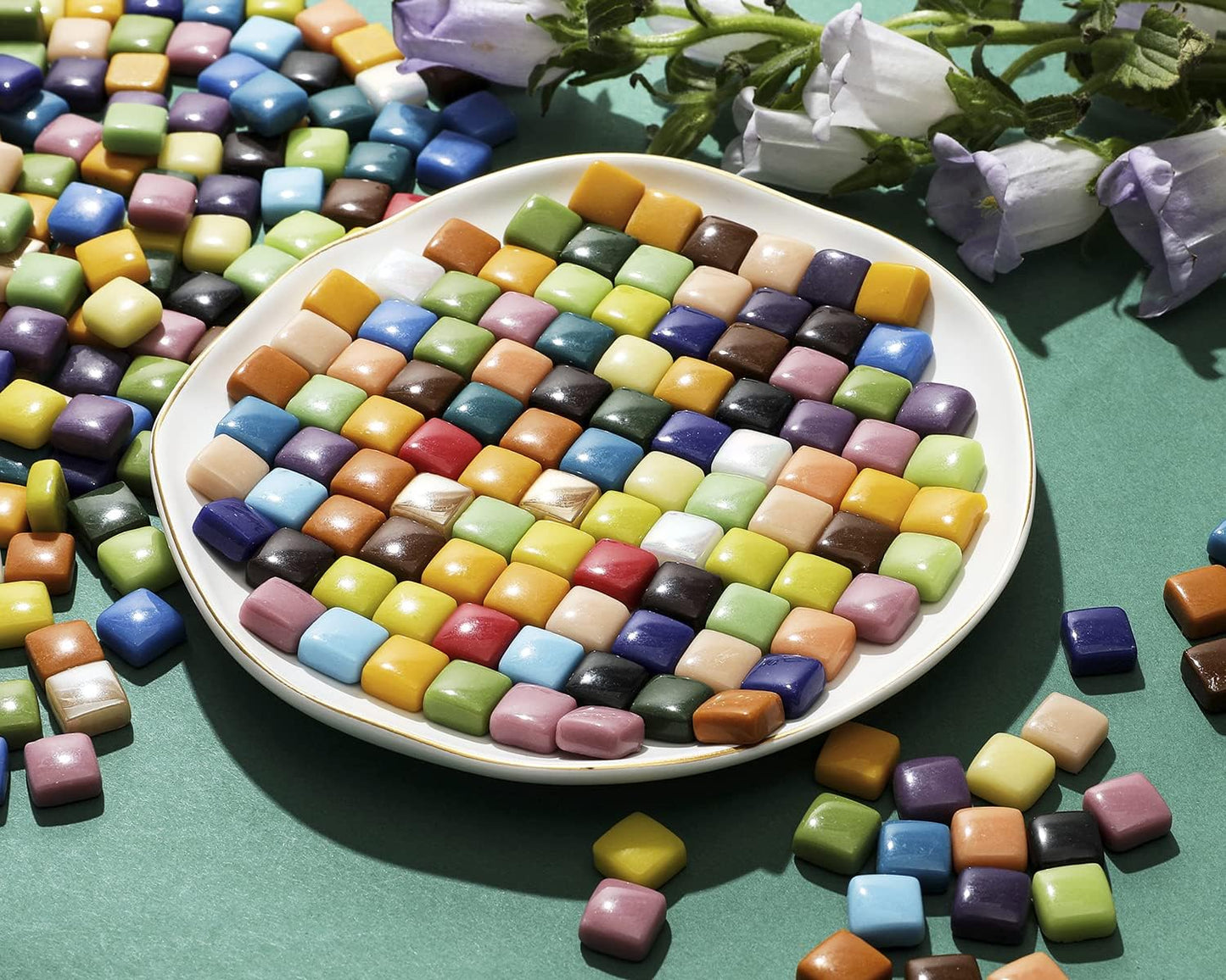 Lanyani 2 Pounds Vibrant Glass Mosaic Tiles for Arts and Crafts, Colorful Bulk Loose Mosaic Glass Pieces Square Stone Tiles, 1/2 inch, 500 Pcs