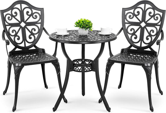 Nuu Garden Bistro Set 3 Piece Outdoor, Cast Aluminum Patio Bistro Sets with Umbrella Hole, Bistro Table and Chairs Set of 2 for Patio Backyard