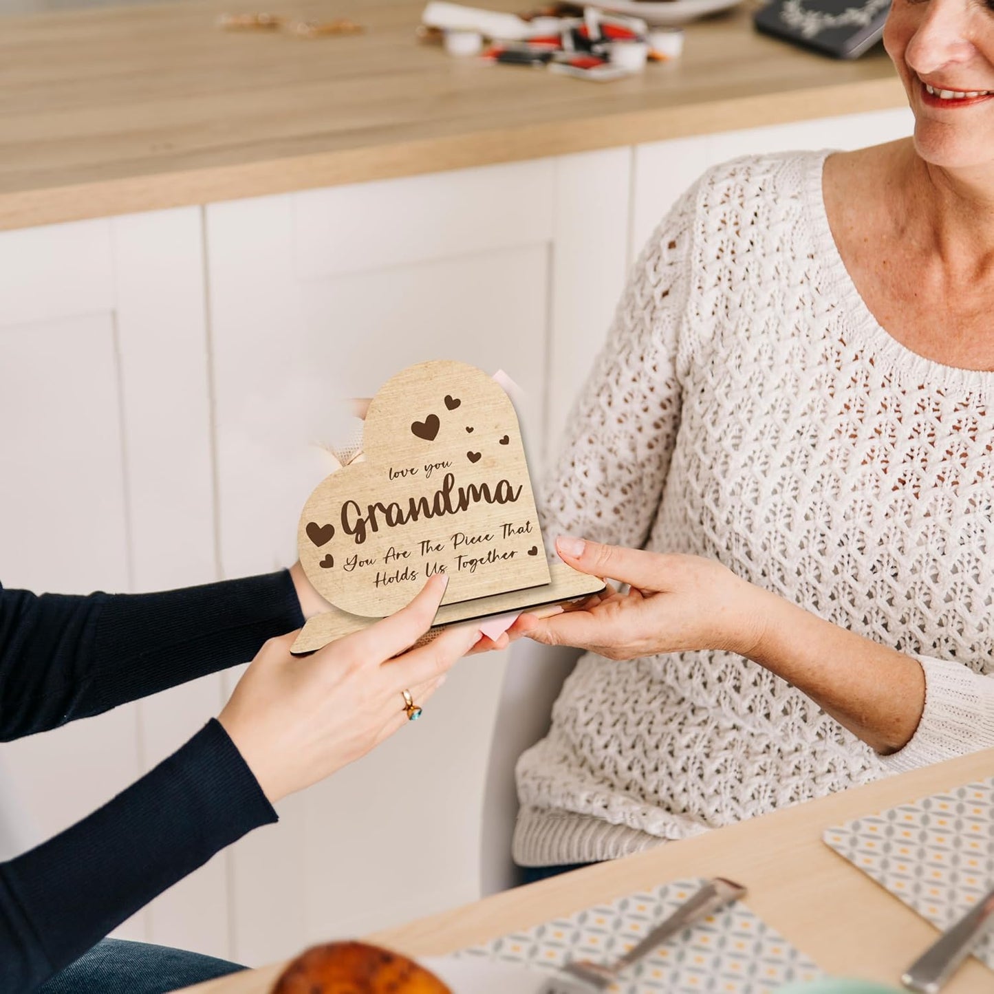 Grandma Gift – “You Are The Piece That Holds Us Together” Heart-Shaped Wooden Plaque, Rustic Desk Decor, Sentimental Wooden Sign for Grandmother.(055)