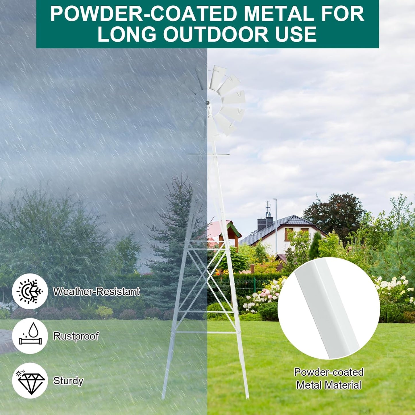 VINGLI 8FT Ornamental Windmill Backyard Garden Decoration Weather Vane, Heavy Duty Metal Wind Mill w/ 4 Legs Design,White