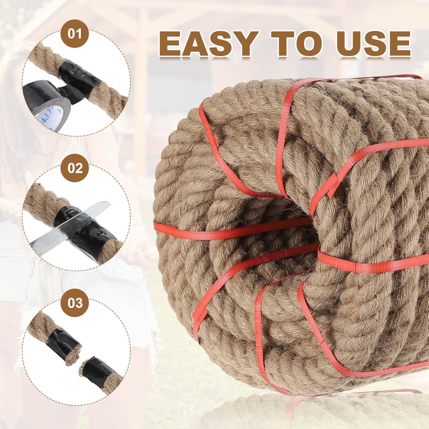 MECCANIXITY Jute Rope 0.55 Inch x 66ft, Thick Twine Rope Ropes Braided Jute Twine Natural Brown Burlap Cord String Heavy Twisted with Tape for Decorative Crafts Railing Swing Tug of War