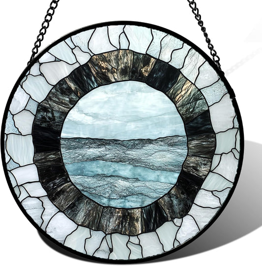 Stained Glass Window Hanging - Abstract Sea Surface Suncatcher for Doors Garden Patio Round Sun Catchers Decor Christmas Mother's Day Birthday Gifts for Women Men Mom Nana Friend 11.8 in