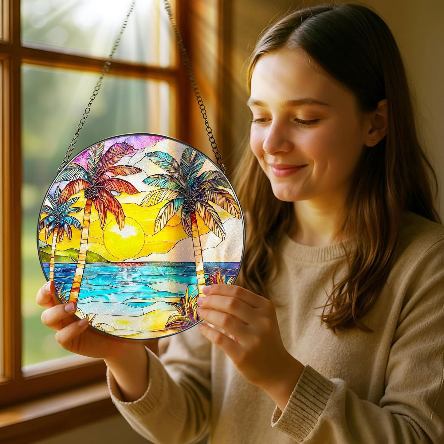 Stained Glass Window Hanging, 8 Inch Beach Sunset Stained Glass Suncatcher, Window Hanging Decor, Beach Lover Home Decor, Seabeach Sunrise Suncatcher, Gift for Mom Grandma