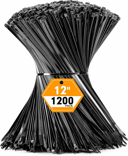 1200pcs Black Cable Zip Ties 12 Inch, Heavy Duty Plastic Nylon Tie Wraps with 50lb Tensile Strength for Indoor & Outdoor