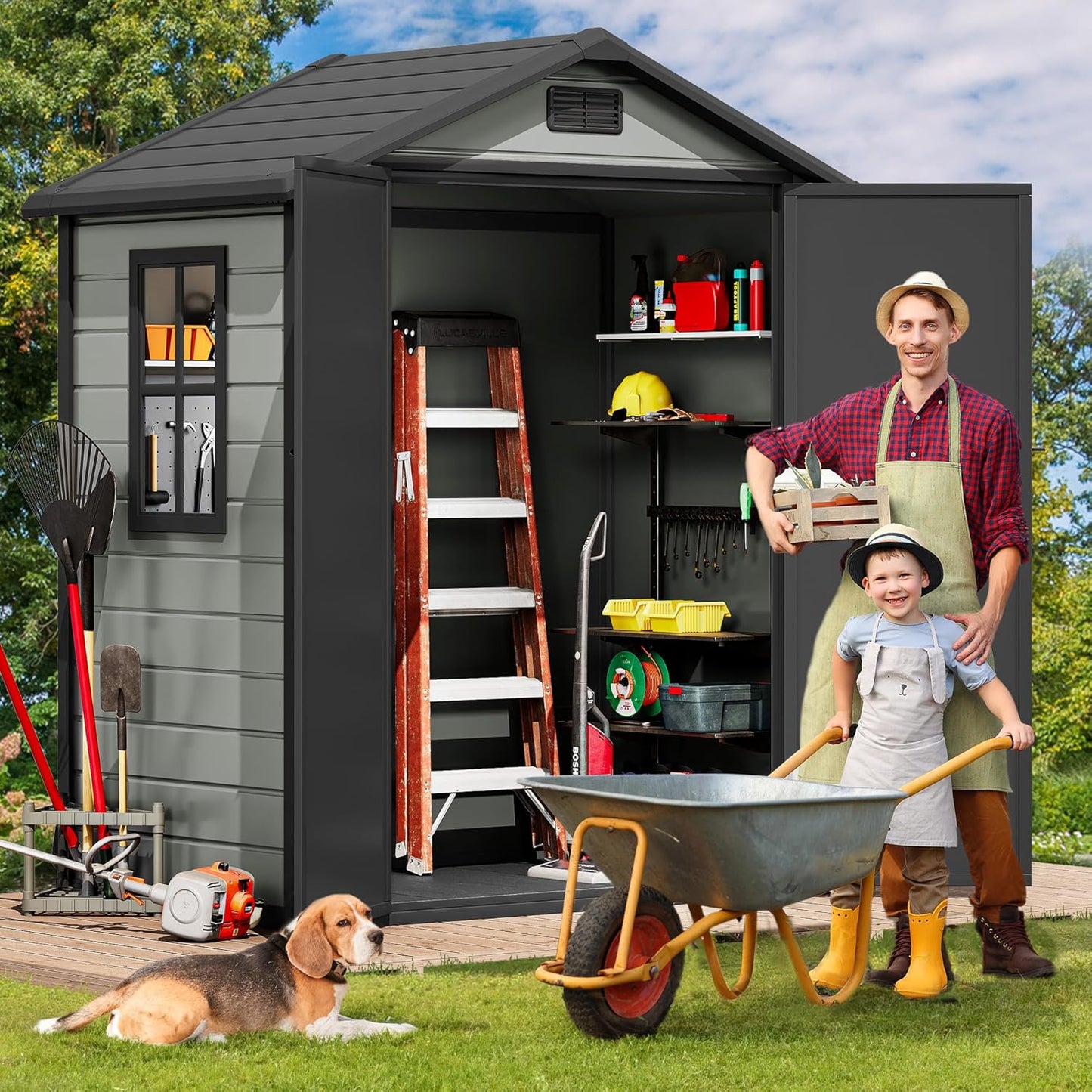 DWVO 6x4 FT Outdoor Resin Storage Shed with Floor, Waterproof Storage Shed with Lockable Door, Window and Vent, Plastic Tool Storage for Garden, Backyard, Patio, Lawn(Blue-Gray+Black)