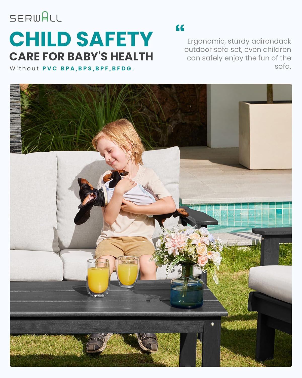 SERWALL HDPE Outdoor Furniture Set, 7 Piece All Weather Wood-Like Outdoor Sofa Sectional Couch, Grey Patio Furniture Set with Khaki Cushions