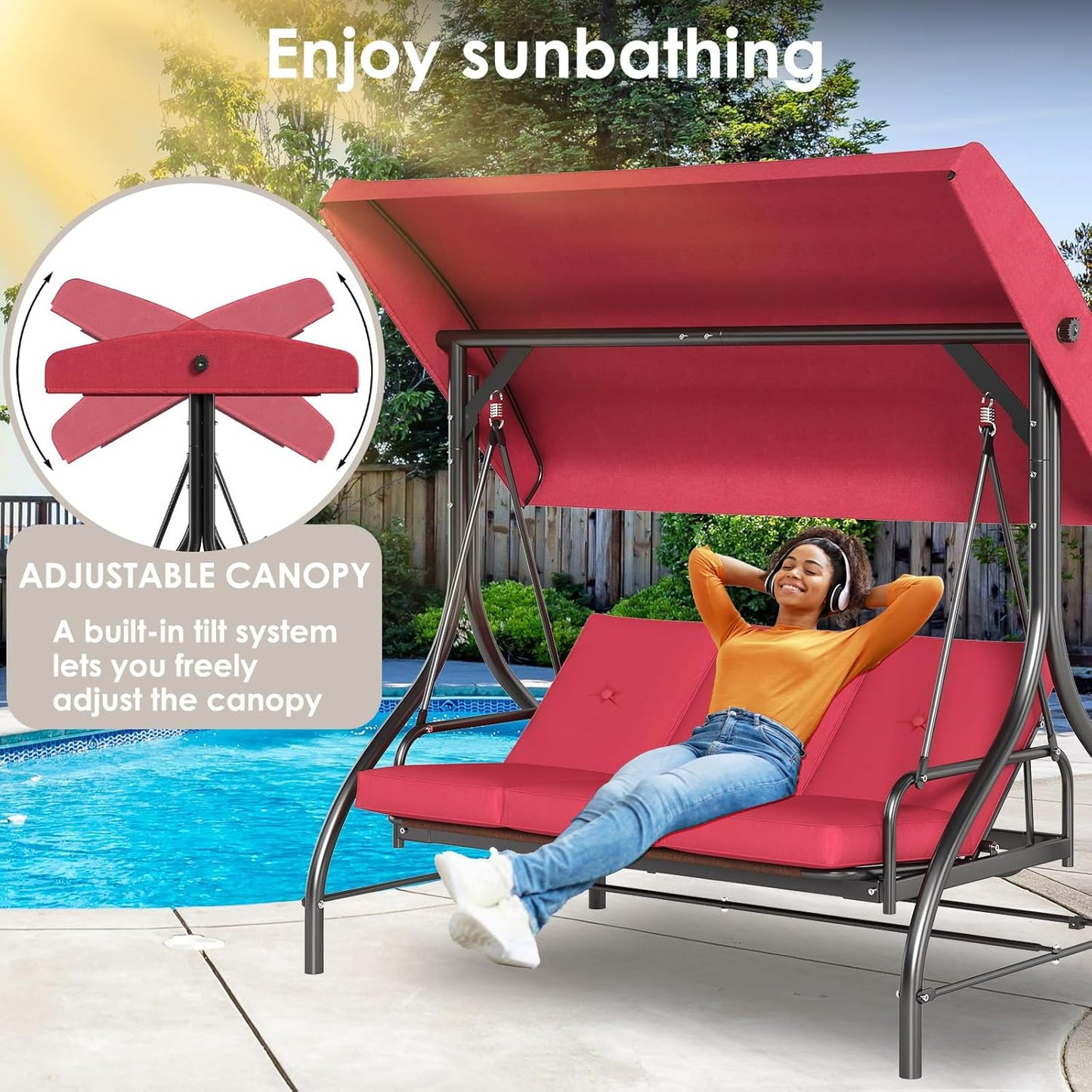 TLSUNNY 3-Seat Outdoor Patio Porch Swing with Adjustable Canopy & Backrest, Convertible Glider Bed with Stand, Removable Seat Cushion, 45° Tilt Adjustment for Backyard, Poolside, Balcony - 750LBS