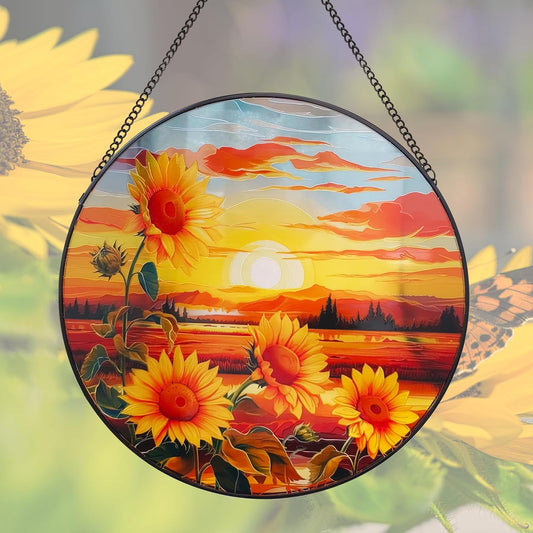Sunflower Suncatcher Hanging Stained Glass Window Decor, Sunset Sun Catcher Wall Decor for Flower Lovers, Birthday Christmas Thanksgiving Sunflower Gift (25cm/9.8'')