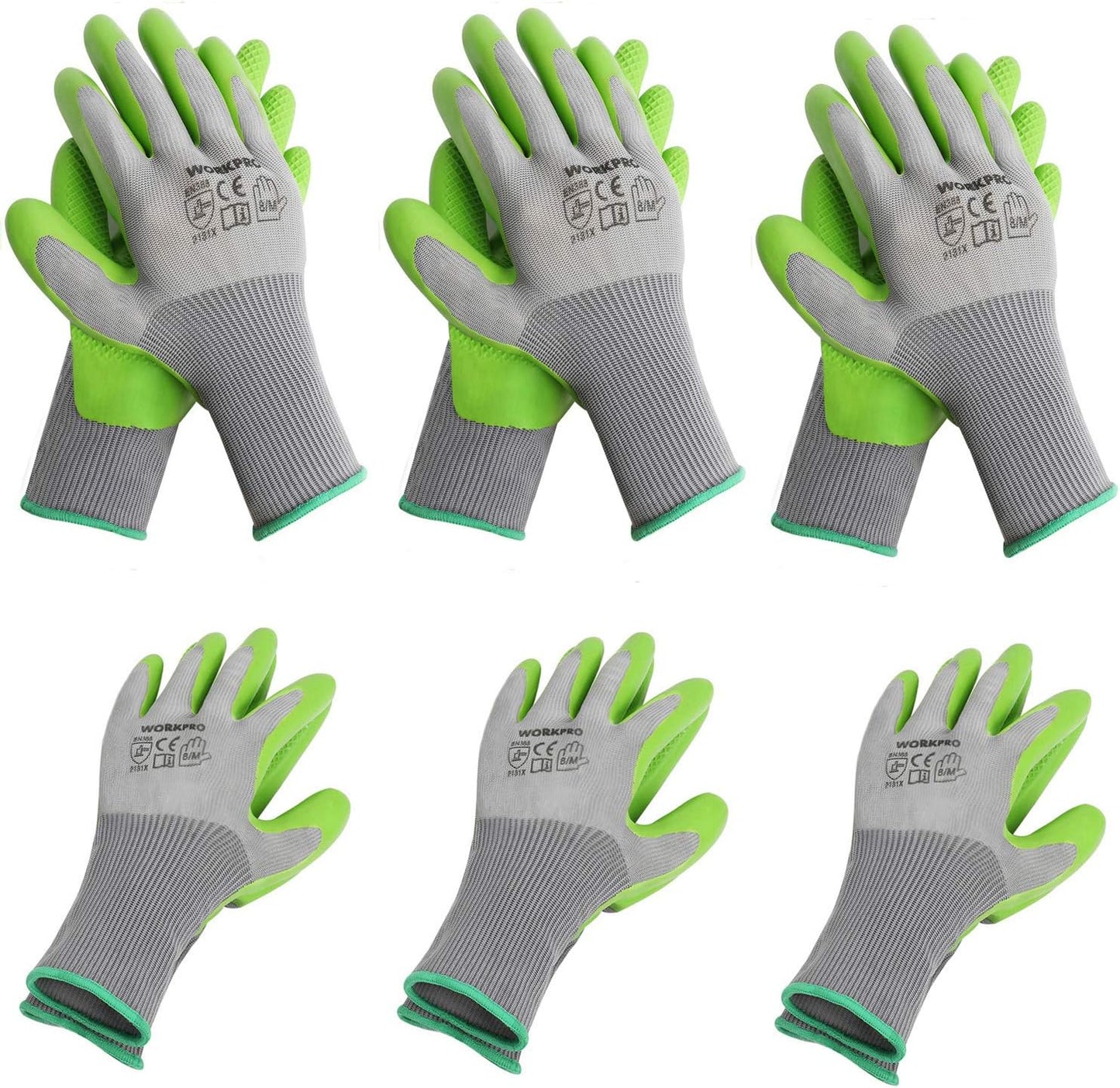 WORKPRO 6 Pairs Garden Gloves, Work Glove with Eco Latex Palm Coated, Gardening Gloves, Working Gloves for Weeding, Digging, Raking, and Pruning (Medium)