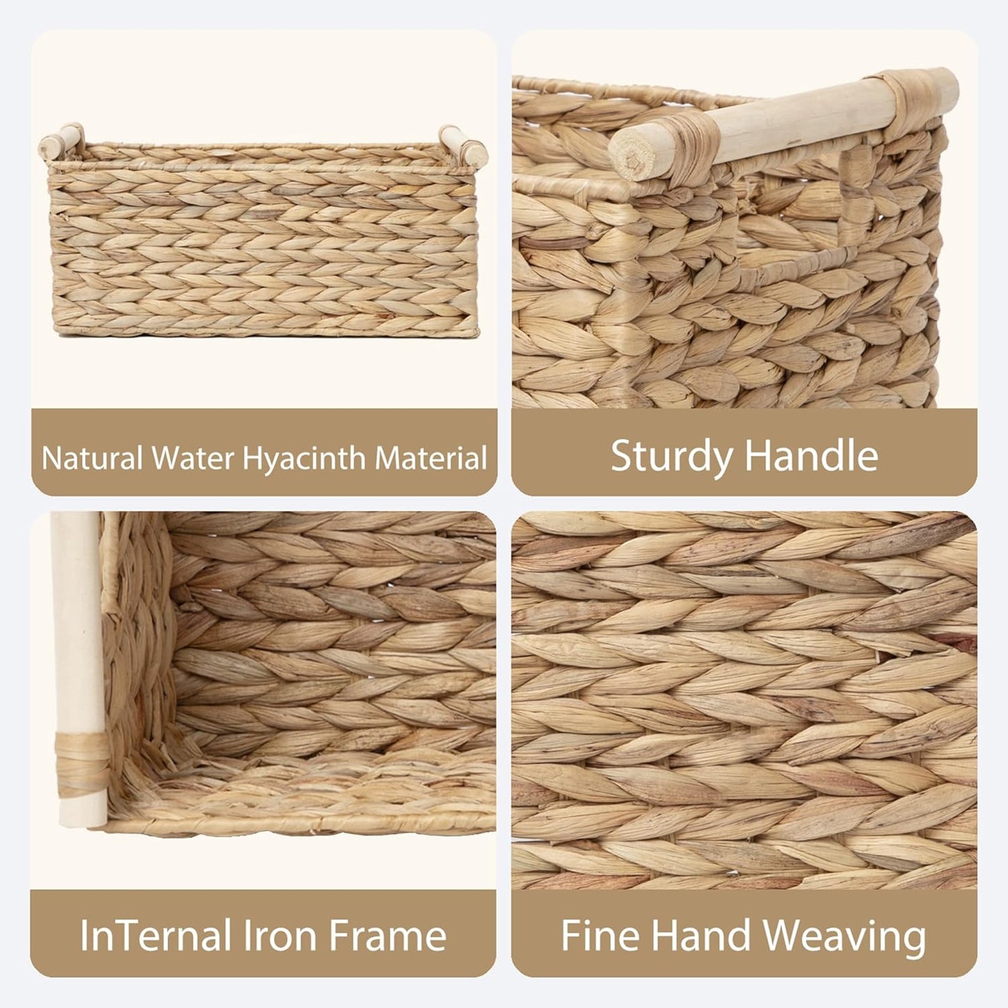 Handmade Water Hyacinth Woven Storage Baskets with Wooden Handles, Rectangle Rustic Organizer Set for Home Decor, Kitchen, Bedroom & Office (Medium)