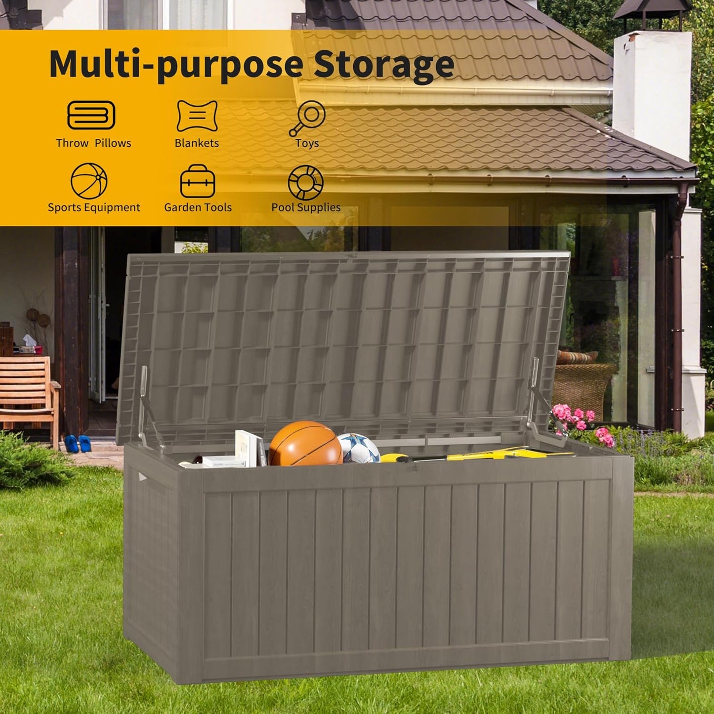 200 Gallon Deck Box, Resin Outdoor Indoor Waterproof Storage Box, Lockable Storage Box With Handle for Patio Furniture - Garden Tools - Brown