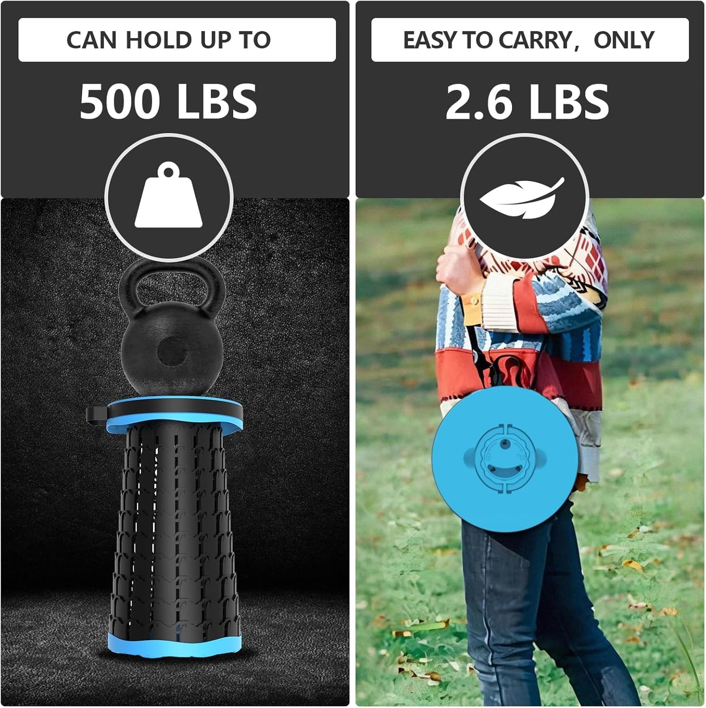 Upgraded Collapsible Stool with Max Load Capacity 330lbs Portable Telescoping & Folding Design Retractable Seat for Camping, Gardening, Fishing & Outdoor Adventures (Blue)