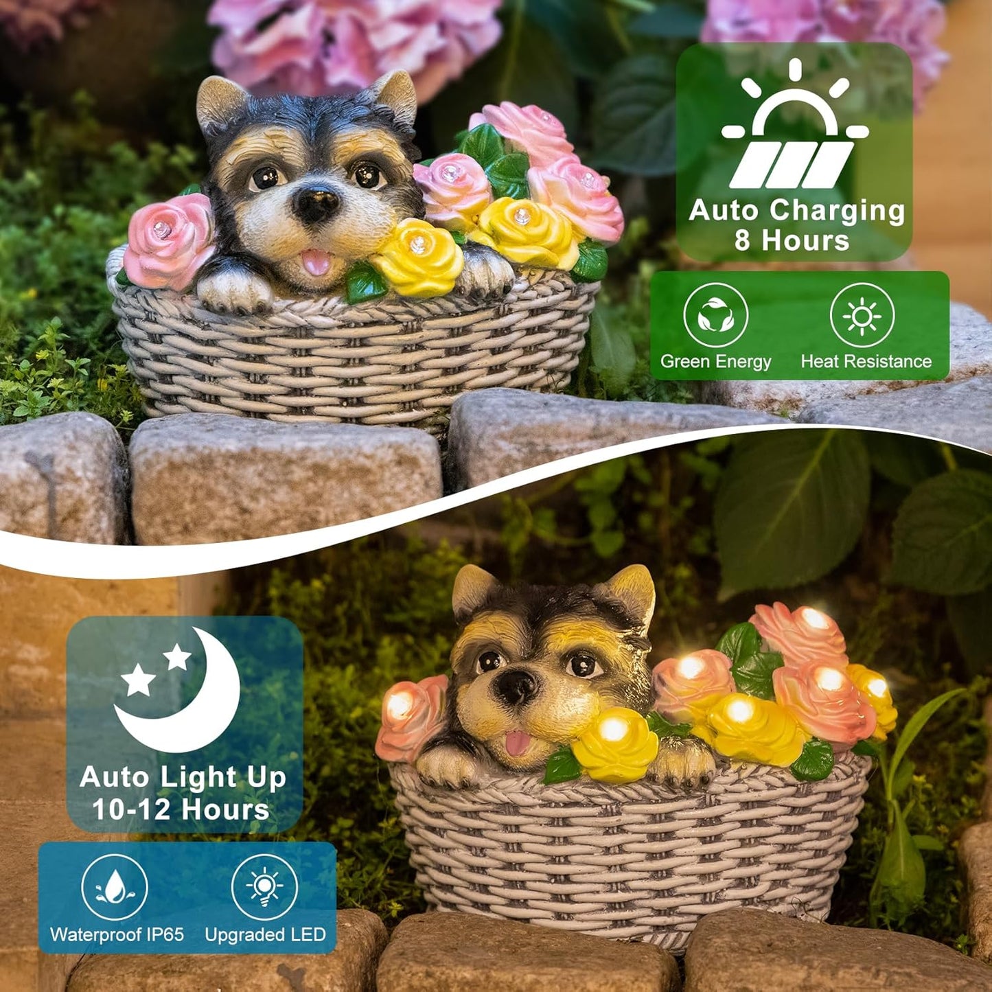 HOMEIMPRO Solar Garden Decor Dog Garden Gifts for Women, Yorkie Puppy Lovers Gifts Mothers Day Birthday for Mom Grandma,Outdoor Statues Solar Lights, 8LED Lights Balcony Yard Decor, Patio