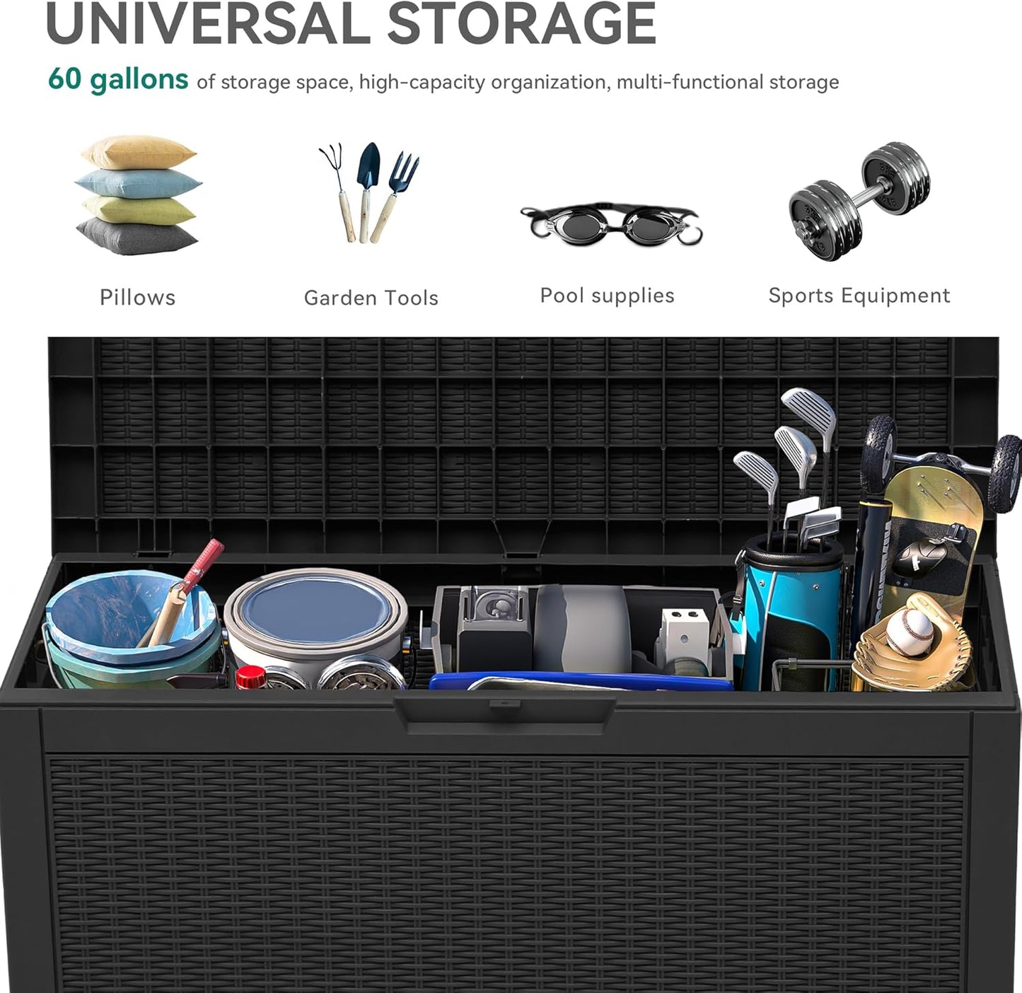 YITAHOME 60 Gallon Outdoor Storage Box, Large Water Resistant Resin Deck Box, Indoor Outdoor Lockable Rattan Storage Container for Patio, Garden, Cushions, Tools, Equipment (Black)