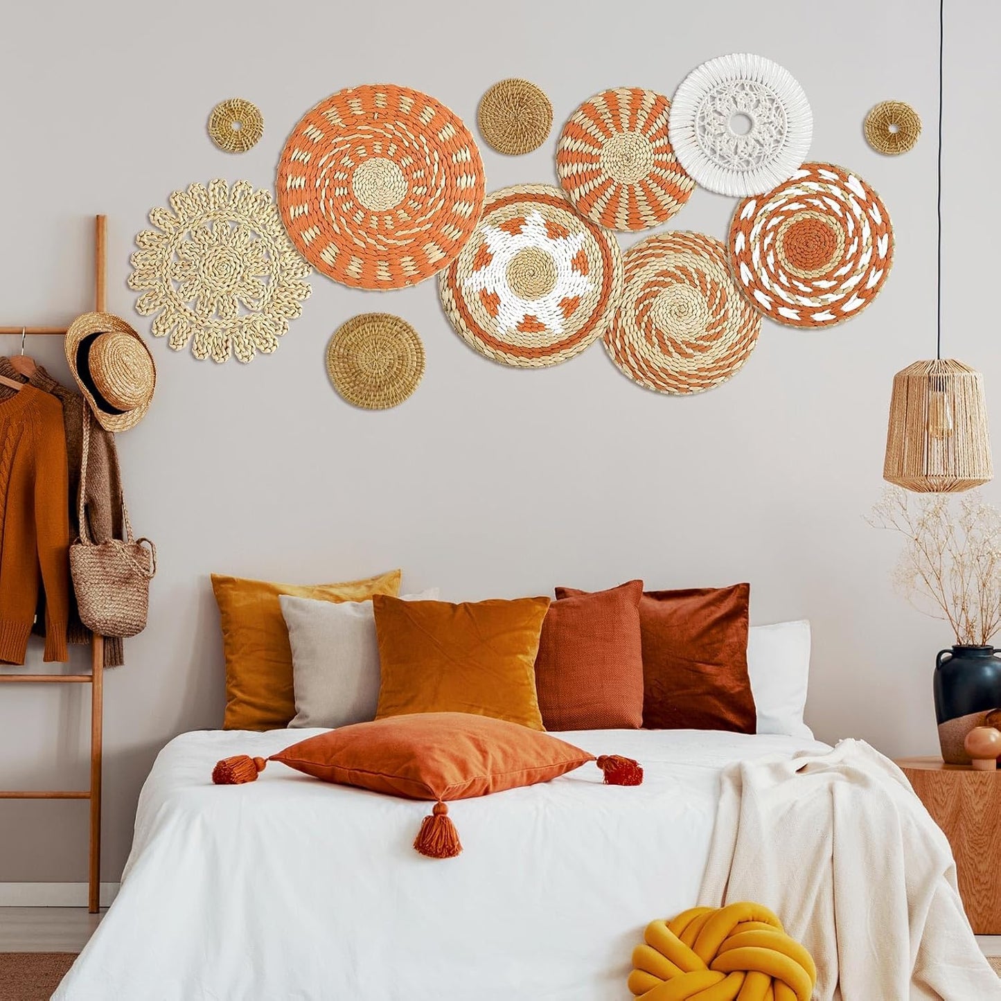 Tatuo 11 Pcs Boho Wall Basket Decor Decorative Bulrush Woven Basket Wall Decor Art Round Farmhouse Hanging Baskets for Kitchen Rustic Home Summer Decorations, Multi Sizes(Delicate)