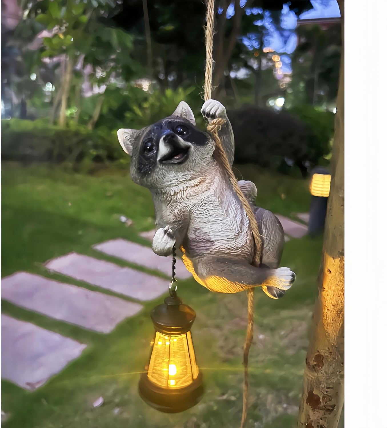 Raccoon Garden Decor Outdoor Statues Resin Climbing Twine with LED Light Waterproof Hanging Animal Figurine for Garden Wall Balcony Tree Decoration Gift