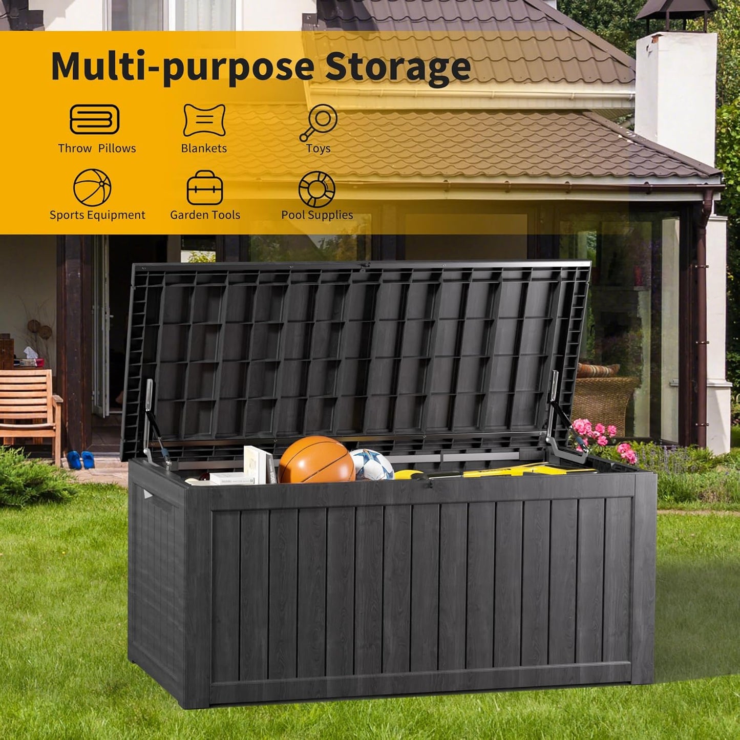 270 Gallon Deck Box, Resin Outdoor Indoor Waterproof Storage Box, Lockable Storage Box With Handle for Patio Furniture - Garden Tools - Swimming Pool Tools UV-Resistant - Black