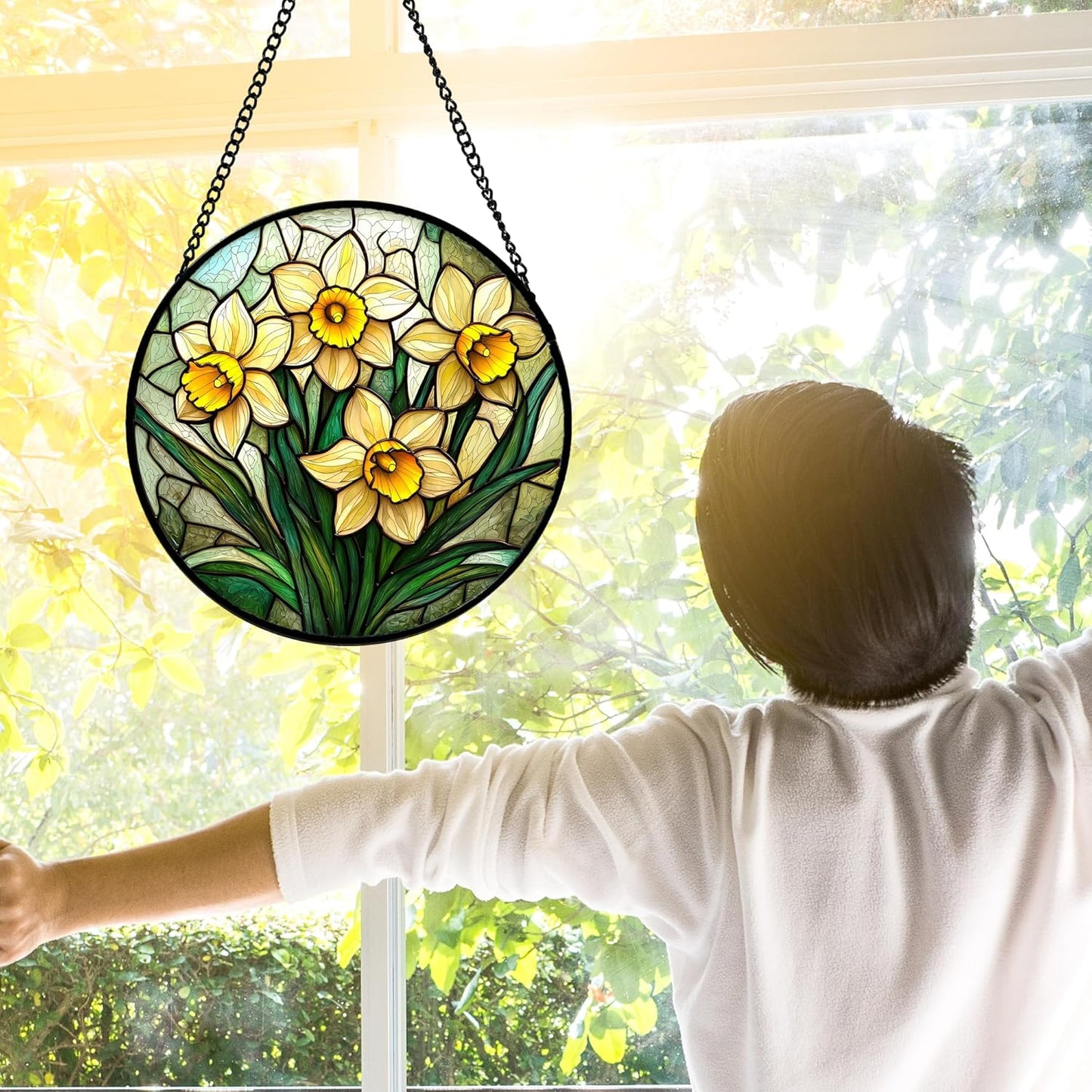 Stained Glass Window Hanging, Daffodil Plant Flowers Sun Catchers Diamond Glass Panel Hangings Suncatcher Decor for Birthday for Women, Men, Wife, Aunt,and Mom 9.8X9.8IN