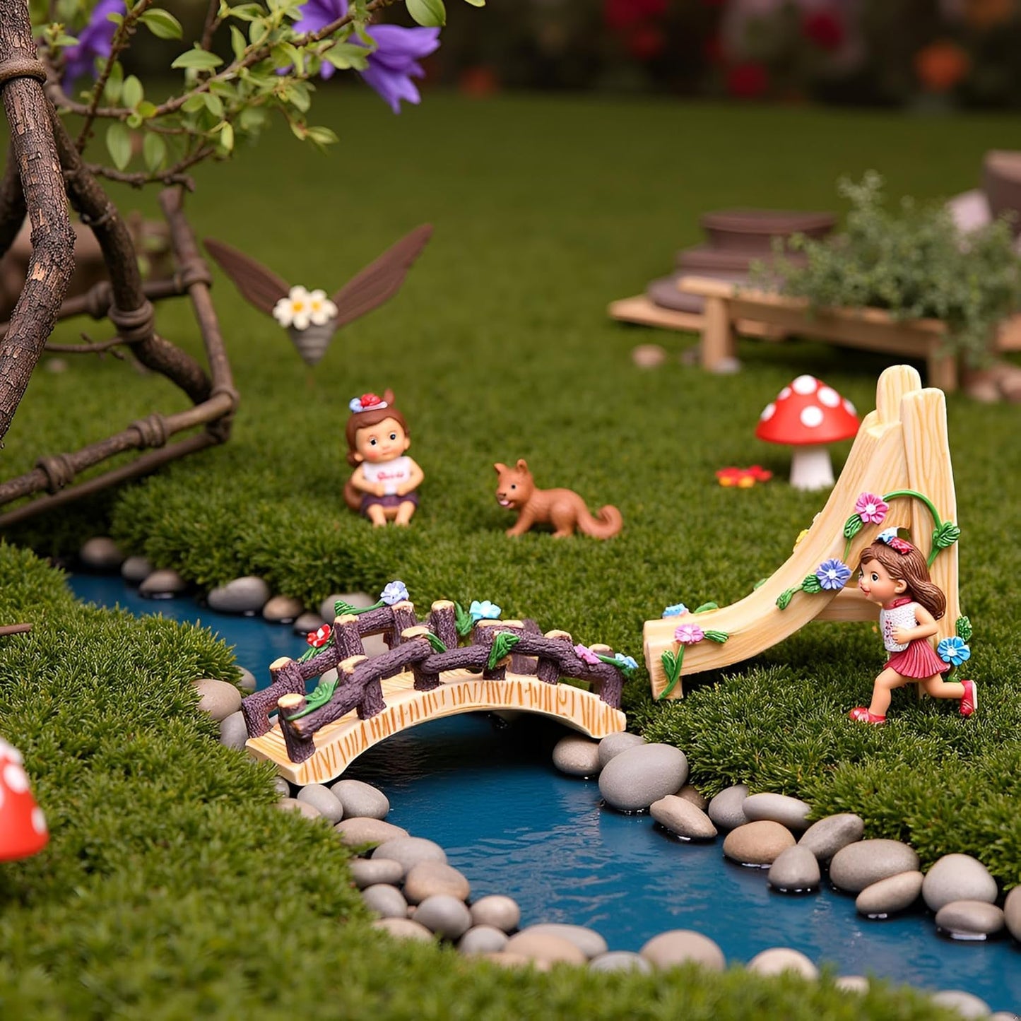 Kai Dream Miniature Fairy Garden Accessories Set, 2 Piece Resin Decorative Landscape Kit with Bridge and Slide, Floral Garden Ornaments